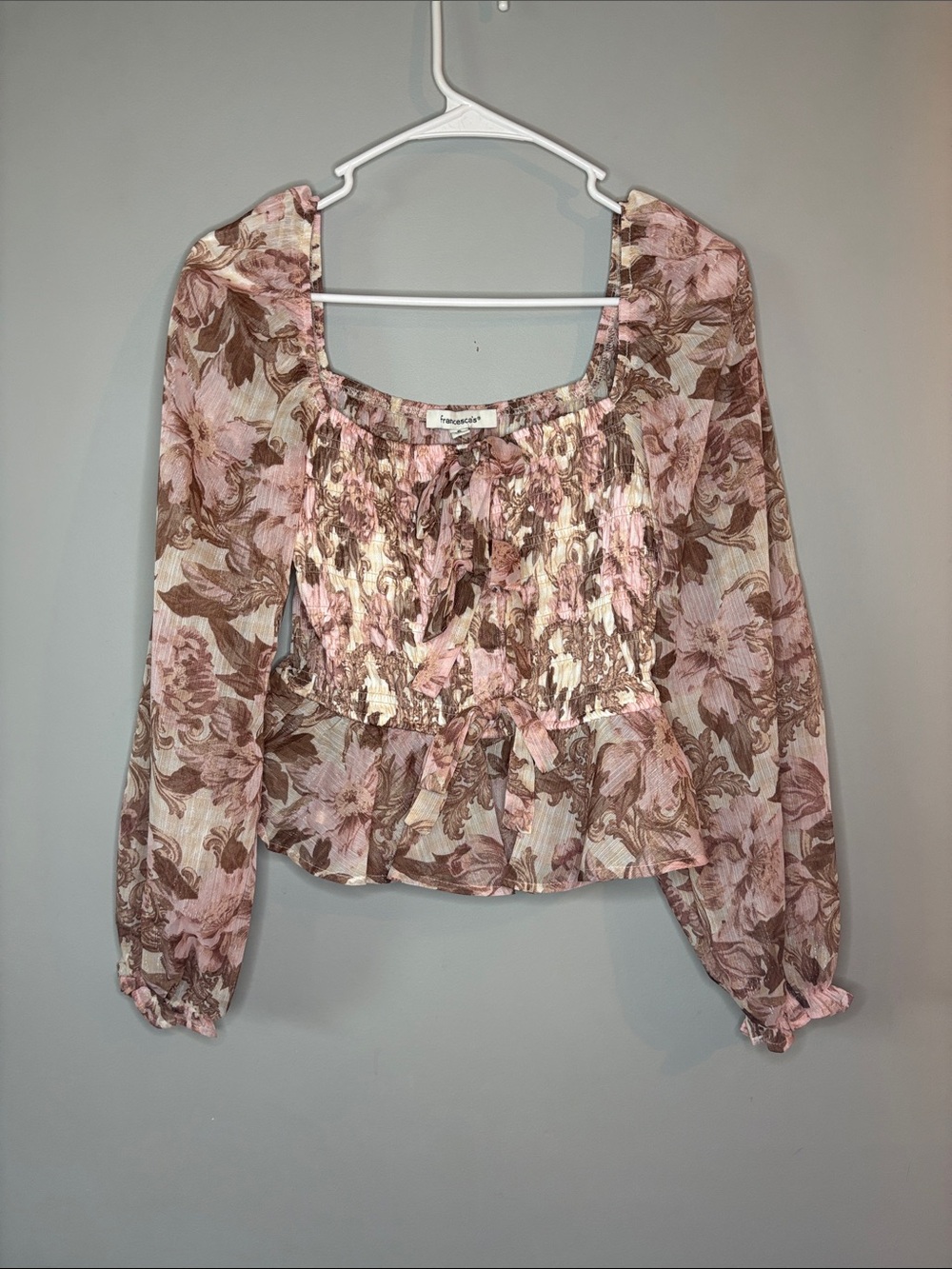 Francesca's Collections Pink and Brown Floral Smocked Peplum Top